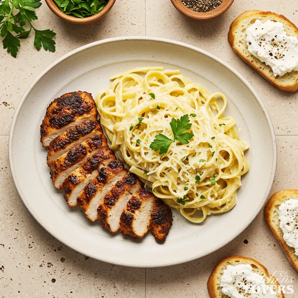A 90-degree flatlay photo of Blackened Chicken Alfredo with fettuccine, creamy sauce, and fresh parsley on a rustic oval plate.