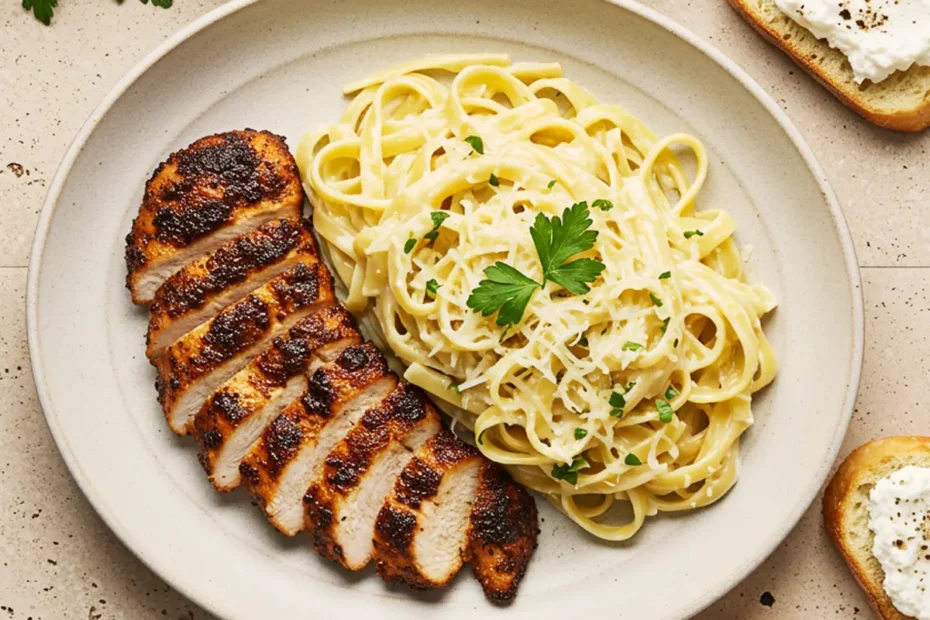 A 90-degree flatlay photo of Blackened Chicken Alfredo with fettuccine, creamy sauce, and fresh parsley on a rustic oval plate.