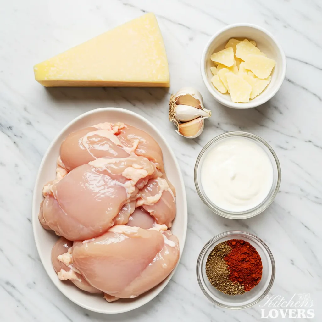 Overhead view of ingredients for Blackened Chicken Alfredo, including raw chicken, a block of Parmesan cheese, and a bowl of red blackening spices.