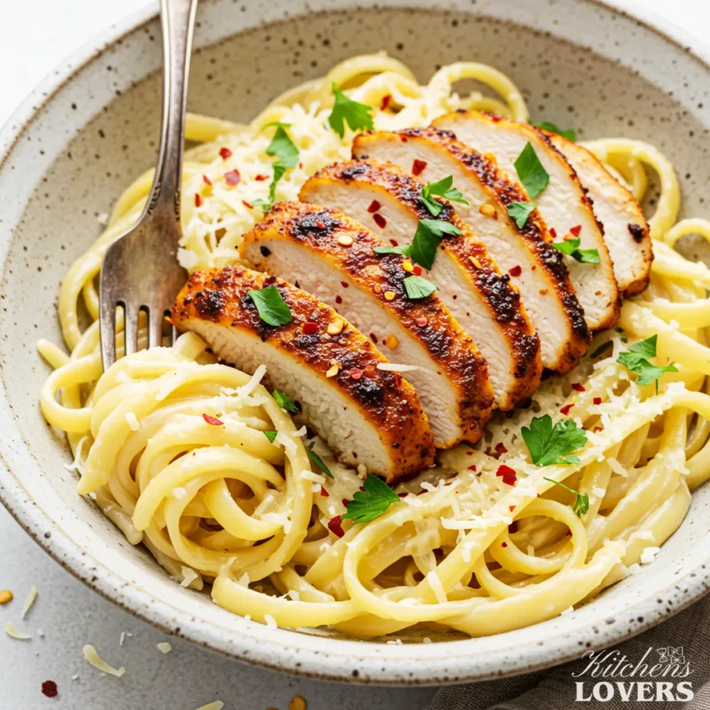 A close-up of a finished bowl of Blackened Chicken Alfredo in a rustic stoneware bowl, with a fork plunged into the creamy pasta next to the sliced chicken.
