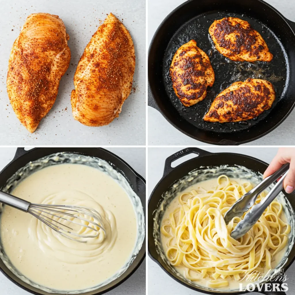 A 4-panel collage showing how to make Blackened Chicken Alfredo: 1. Raw chicken is coated in spices. 2. Chicken sears in a skillet. 3. Alfredo sauce is whisked. 4. Pasta is tossed in the sauce.