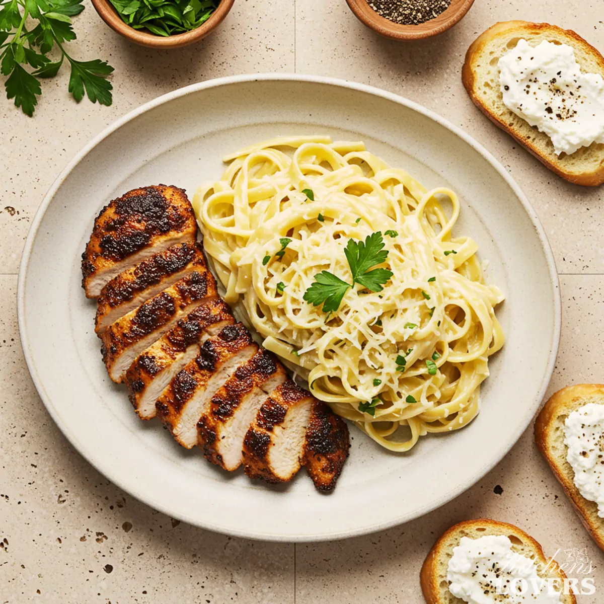 A 90-degree flatlay photo of Blackened Chicken Alfredo with fettuccine, creamy sauce, and fresh parsley on a rustic oval plate.
