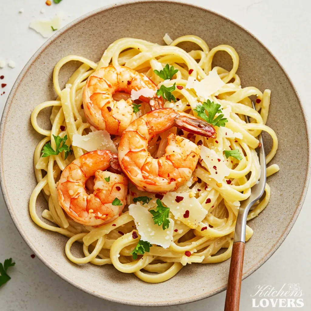 An overhead shot of a rustic bowl filled with creamy fettuccine Alfredo and topped with three large, spicy blackened shrimp and fresh parsley.