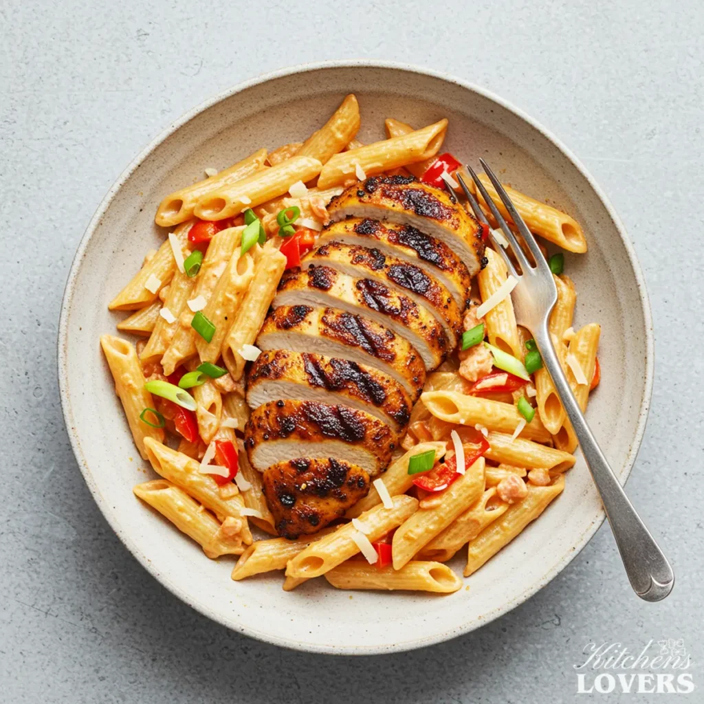 An overhead view of the creamy copycat Chili's Cajun chicken pasta, topped with sliced blackened chicken.
