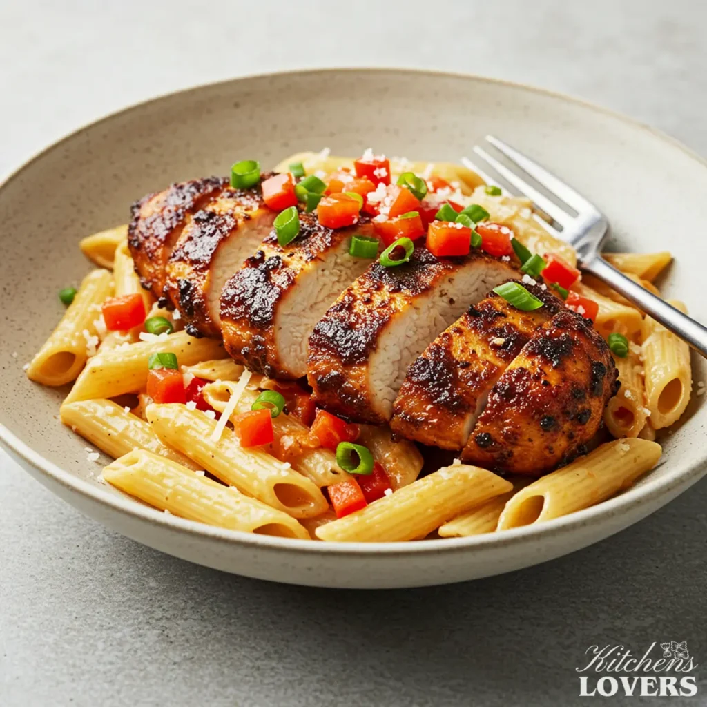 A serving of Cajun chicken pasta in a rustic bowl with a fork ready to eat, highlighting the creamy texture.