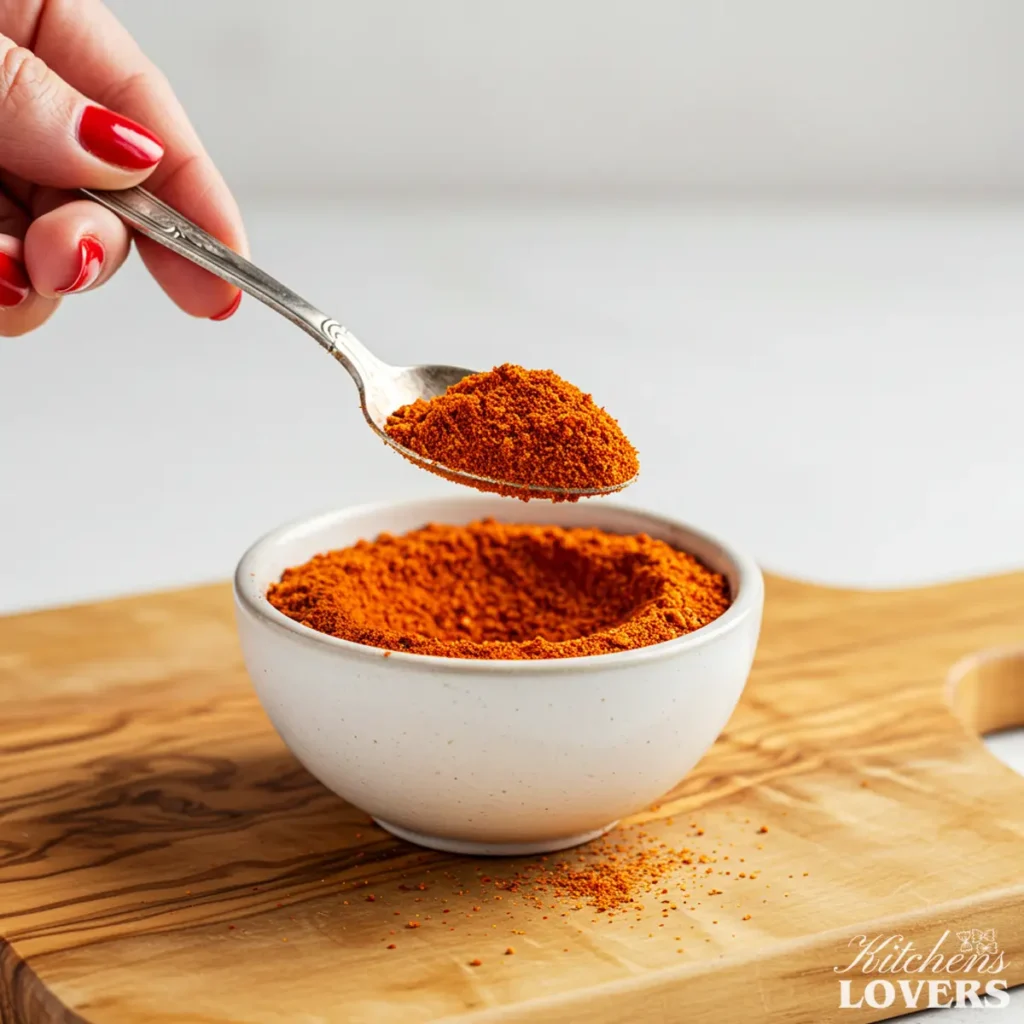 A spoonful of vibrant red cajun seasoning being held over a small white bowl of the spice blend.