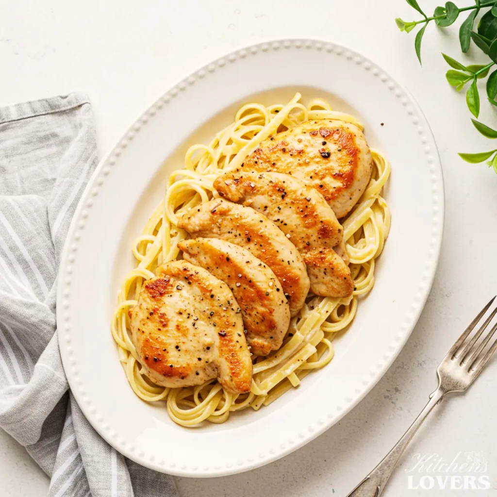 A top-down photo of creamy Chicken Lazone pasta with seared chicken cutlets in a white oval bowl.