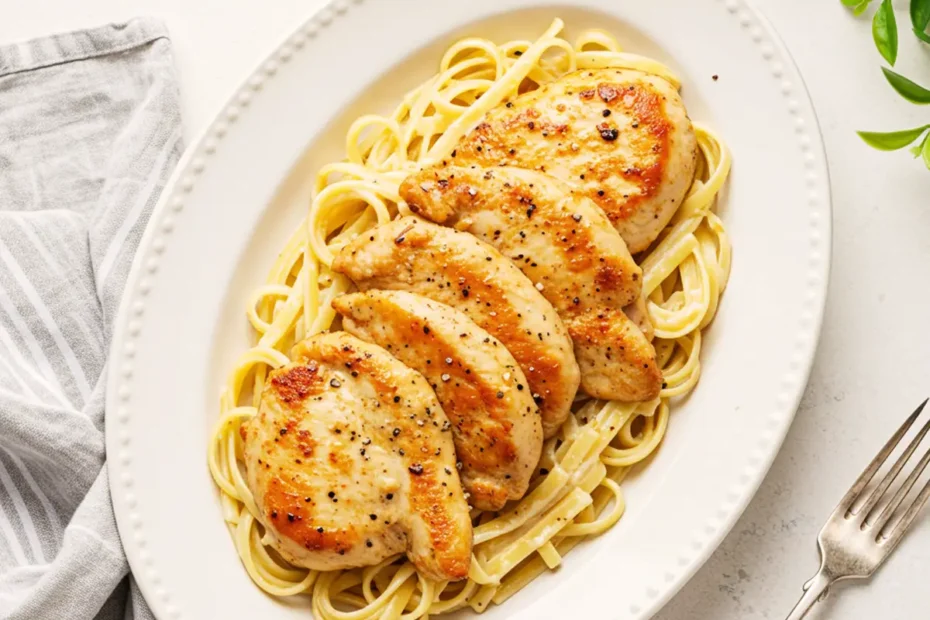 A top-down photo of creamy Chicken Lazone pasta with seared chicken cutlets in a white oval bowl.