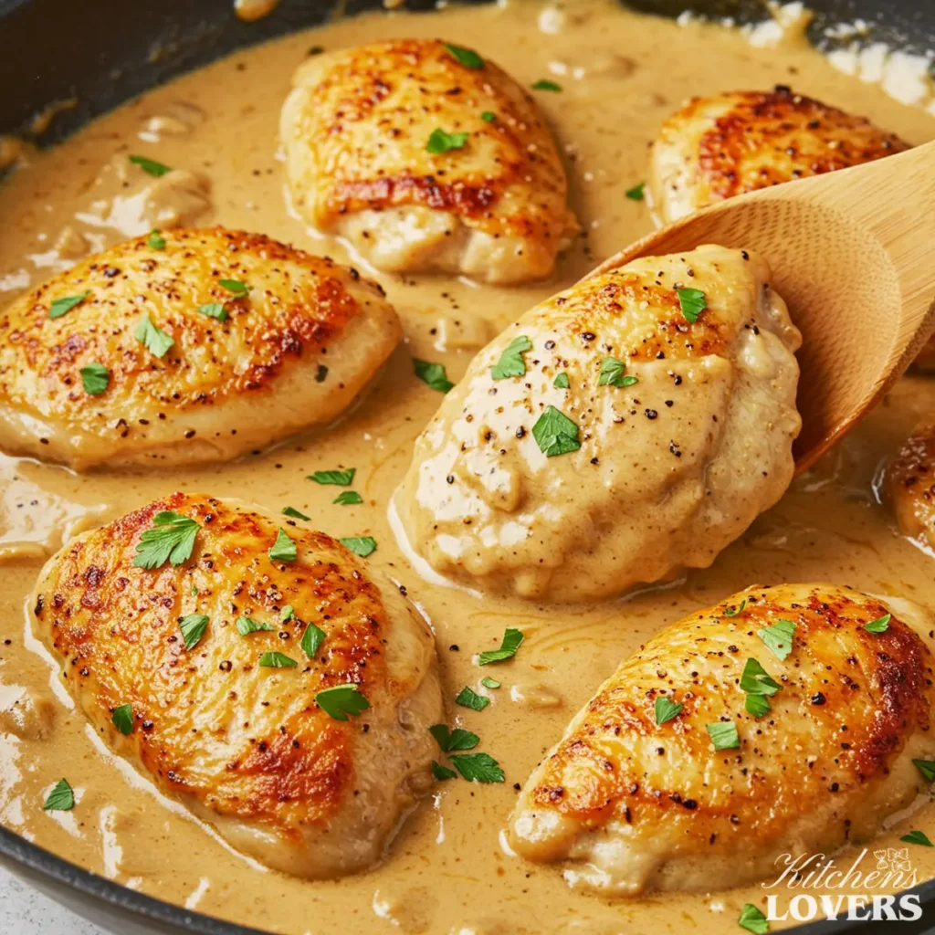 	Golden-brown seared chicken breasts simmering in a rich, creamy Lazone sauce in a large skillet, garnished with fresh parsley. A wooden spoon lifts one piece.