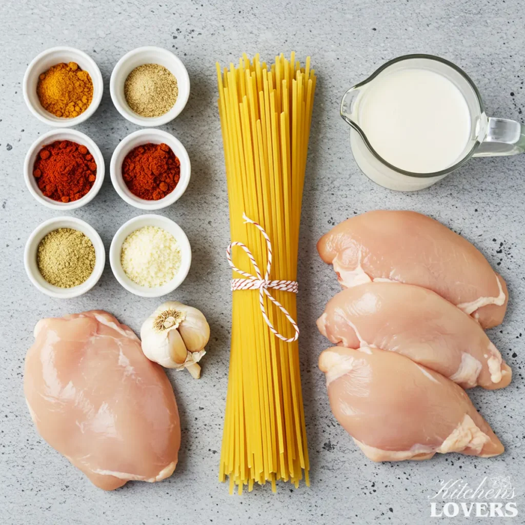 	The ingredients for Chicken Lazone laid out on a gray background, including raw chicken breasts, uncooked spaghetti, a pitcher of cream, garlic, and various spices in small white bowls.