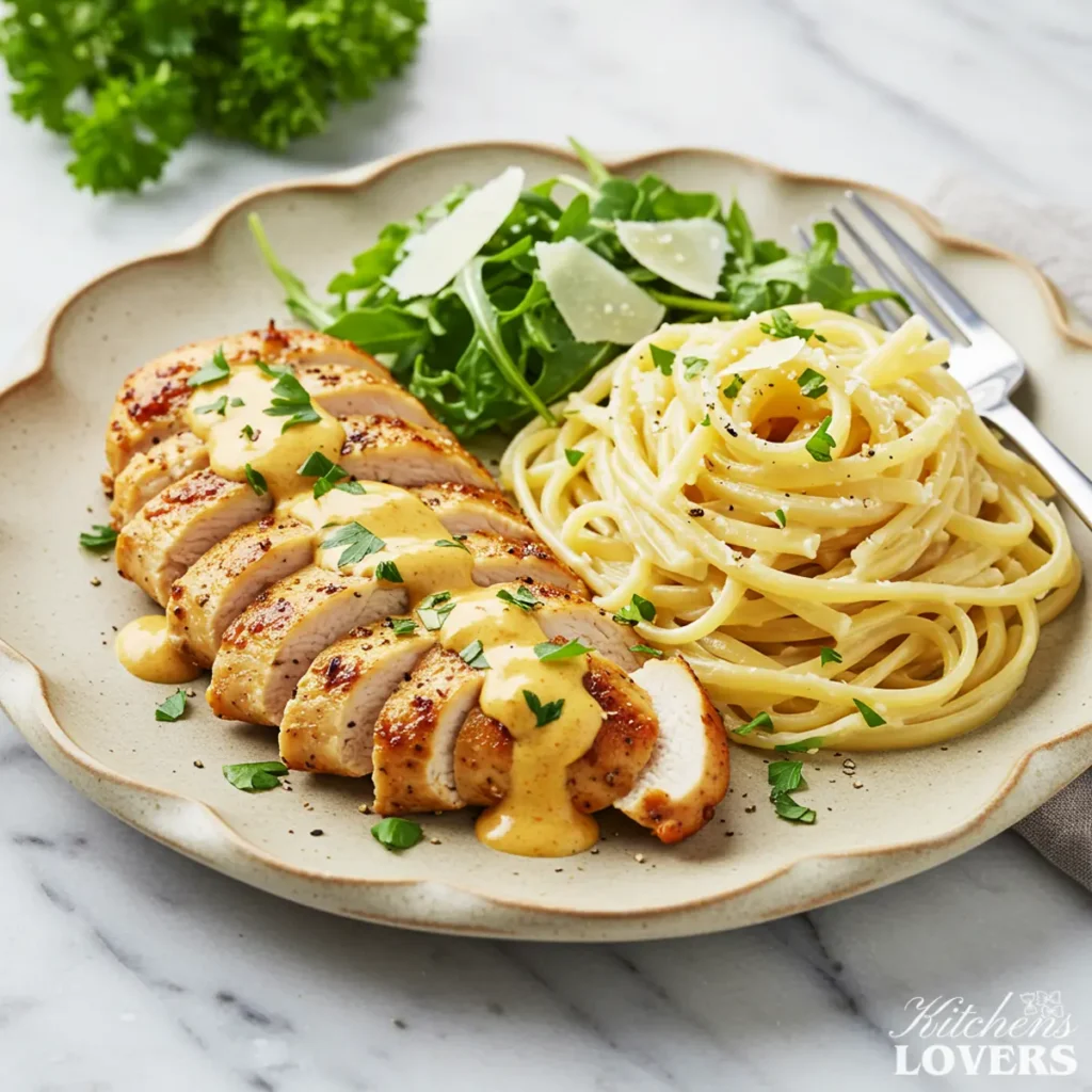 A sliced seared chicken breast with creamy Lazone sauce plated next to a swirl of linguine pasta and a fresh arugula salad on a rustic ceramic plate.