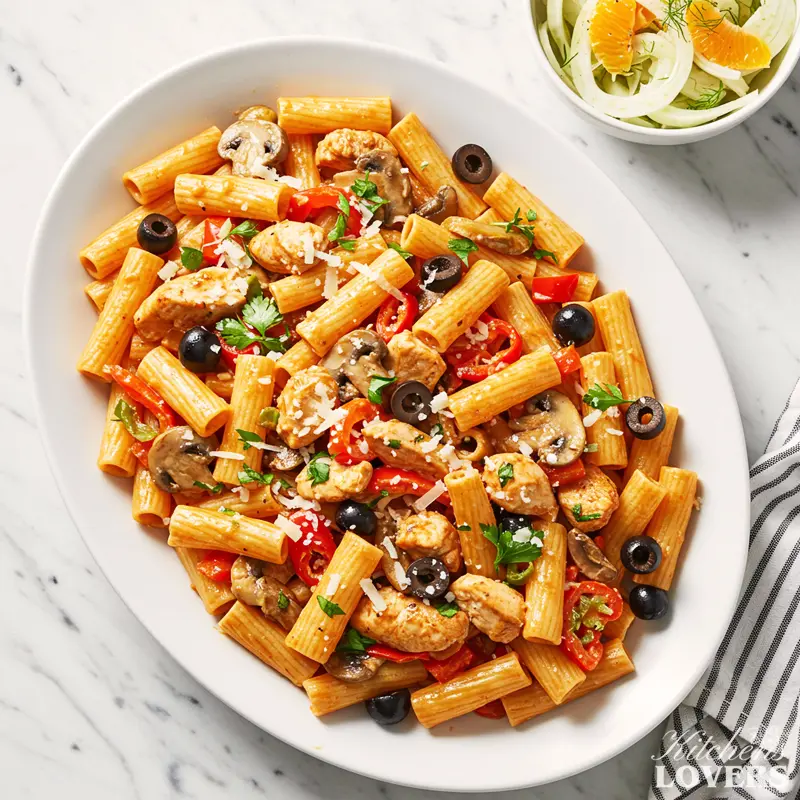 A bright overhead photo of Chicken Riggies pasta with a side of shaved fennel and orange salad.