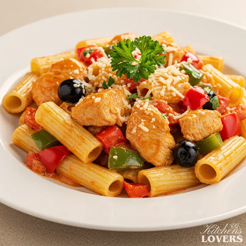 A white bowl filled with authentic Utica-style Chicken Riggies, featuring a spicy cream sauce, chicken, and black olives, topped with fresh parsley.