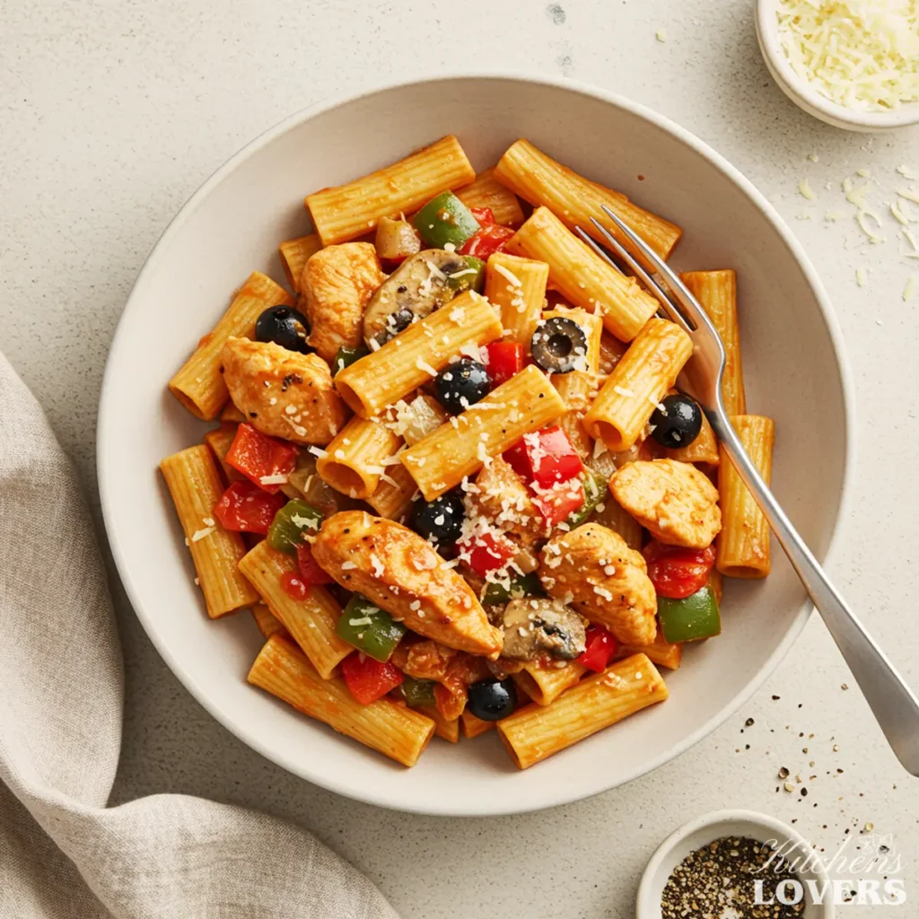 A top-down photo of a generous serving of Chicken Riggies pasta with chicken, peppers, and olives in a creamy tomato sauce.
