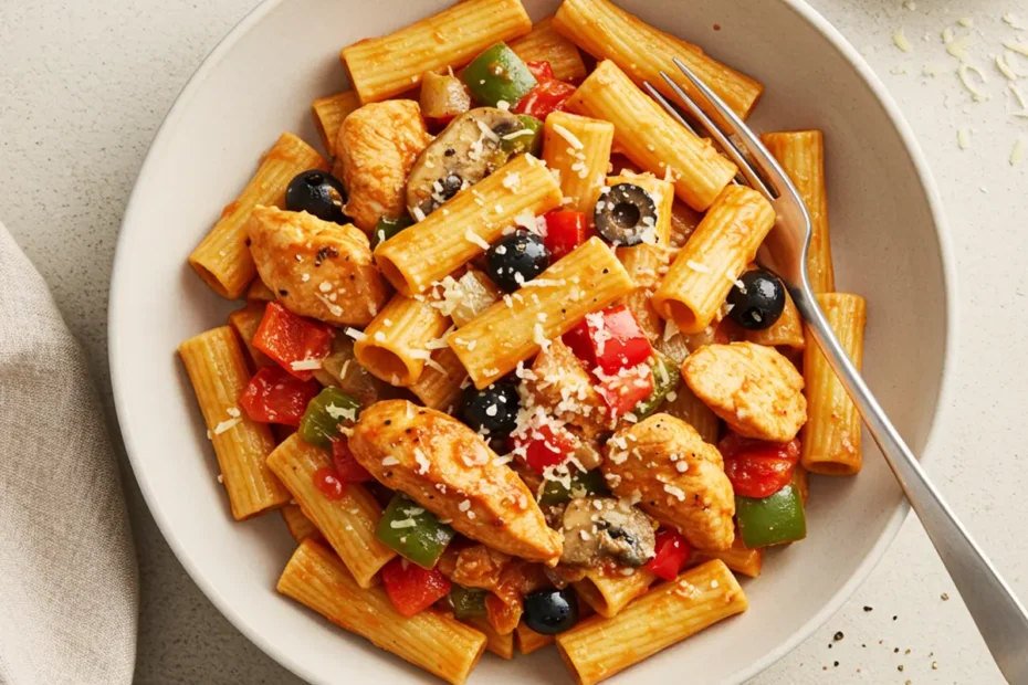 A top-down photo of a generous serving of Chicken Riggies pasta with chicken, peppers, and olives in a creamy tomato sauce.