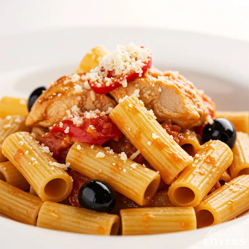 A detailed macro photo of authentic Chicken Riggies, highlighting the creamy tomato sauce coating the rigatoni pasta and tender pieces of chicken.
