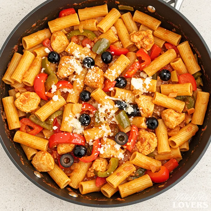 A large black skillet showing authentic Chicken Riggies with chicken, peppers, and olives being combined in the spicy tomato cream sauce.