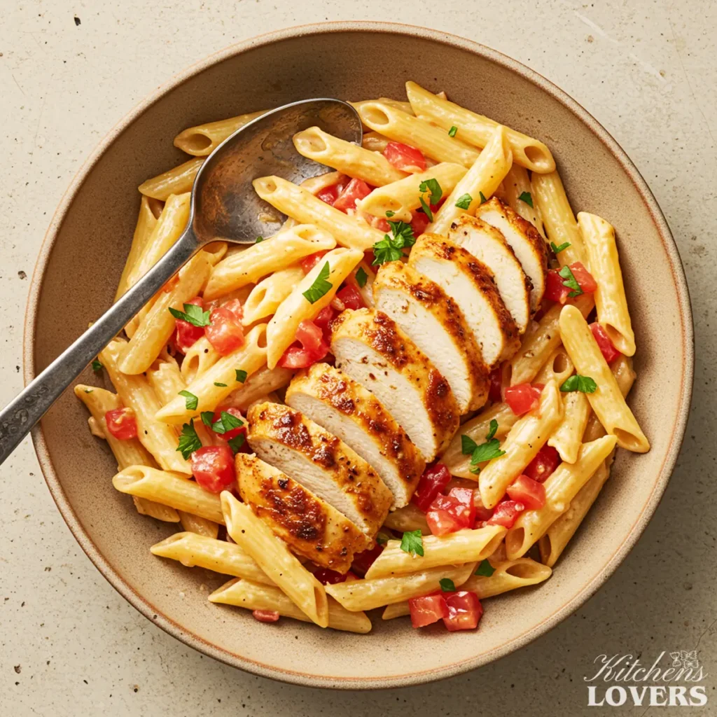 A top-down photo of creamy Copycat Chili’s Cajun Chicken Pasta with seasoned chicken, tomatoes, and parsley.