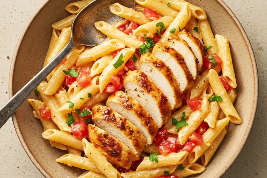 A top-down photo of creamy Copycat Chili’s Cajun Chicken Pasta with seasoned chicken, tomatoes, and parsley.