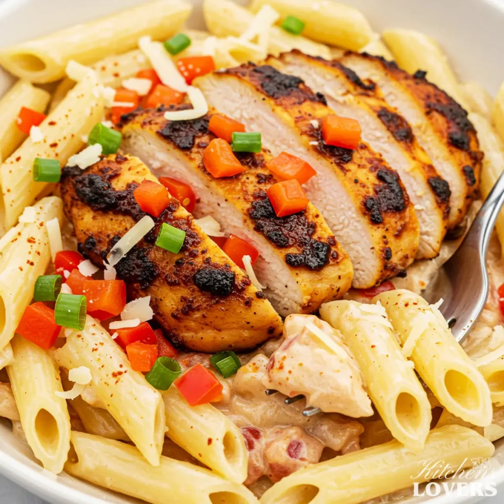 A close-up forkful of creamy Cajun chicken pasta, showing the sauce clinging to the penne and a tender piece of chicken.