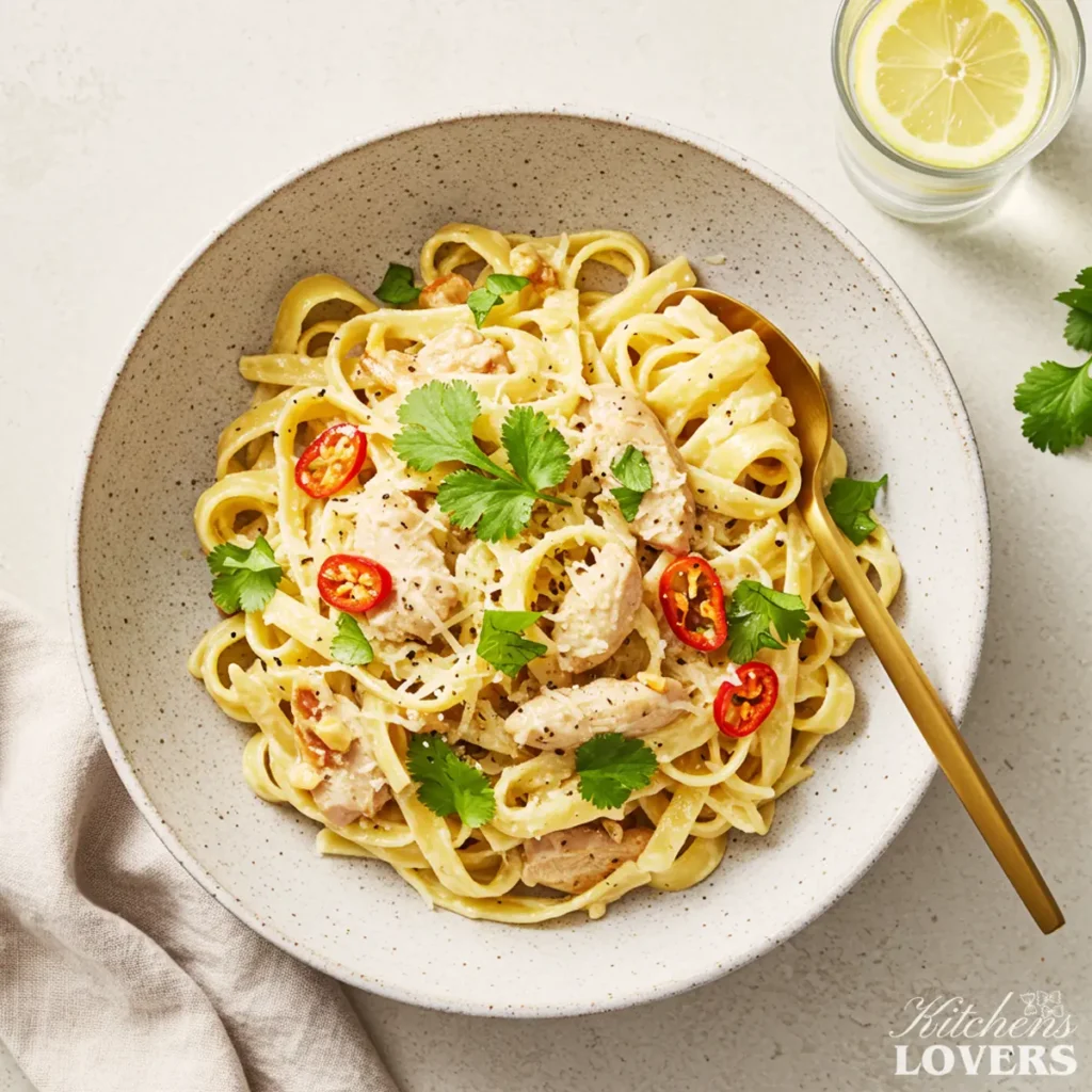 A top-down photo of creamy habanero chicken pasta with fettuccine, chicken, cilantro, and parmesan.