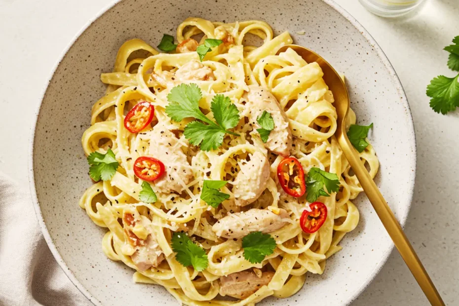 A top-down photo of creamy habanero chicken pasta with fettuccine, chicken, cilantro, and parmesan.