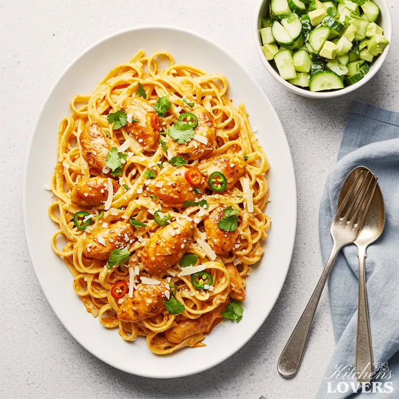 Overhead photo of creamy habanero chicken fettuccine pasta with fresh cilantro and a side of cooling cucumber avocado salad.