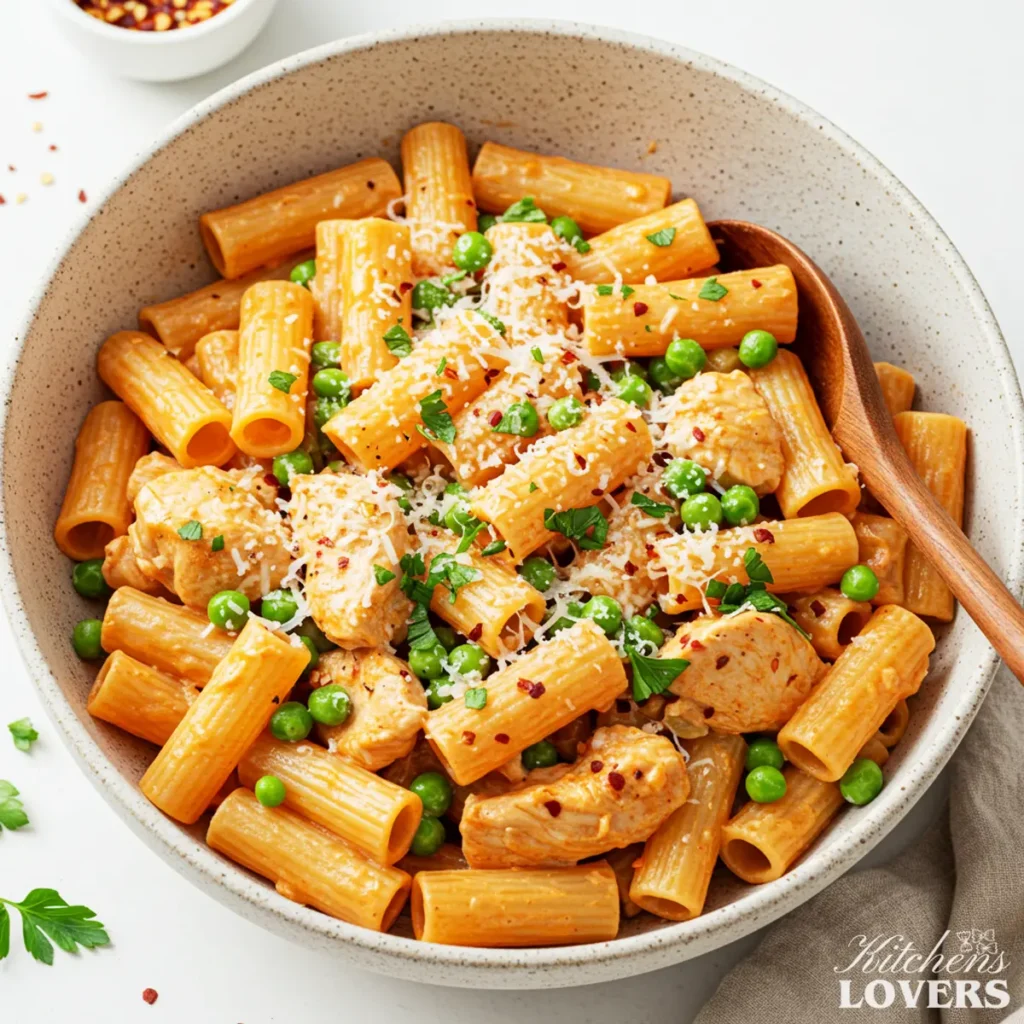 An overhead flatlay shot of a finished bowl of spicy chicken rigatoni, perfectly garnished with fresh parsley and grated Parmesan cheese, on a linen napkin.