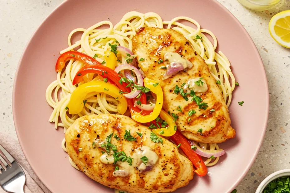 A top-down photo of Olive Garden Chicken Scampi with pasta, peppers, and parsley on a pink plate.