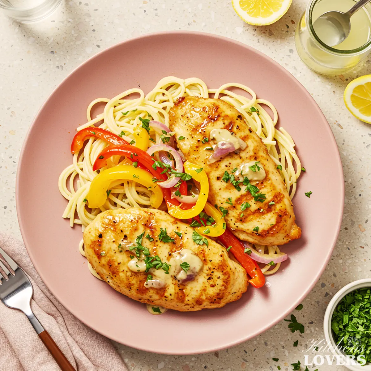 A top-down photo of Olive Garden Chicken Scampi with pasta, peppers, and parsley on a pink plate.