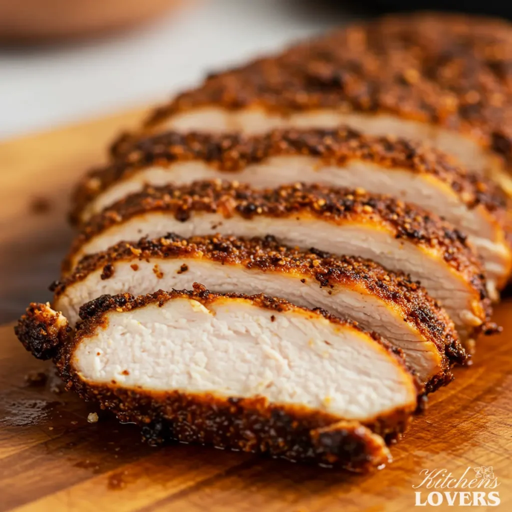 A close-up of sliced blackened chicken breast, showing a dark, savory spice crust on the outside and a juicy, perfectly cooked white meat interior.
