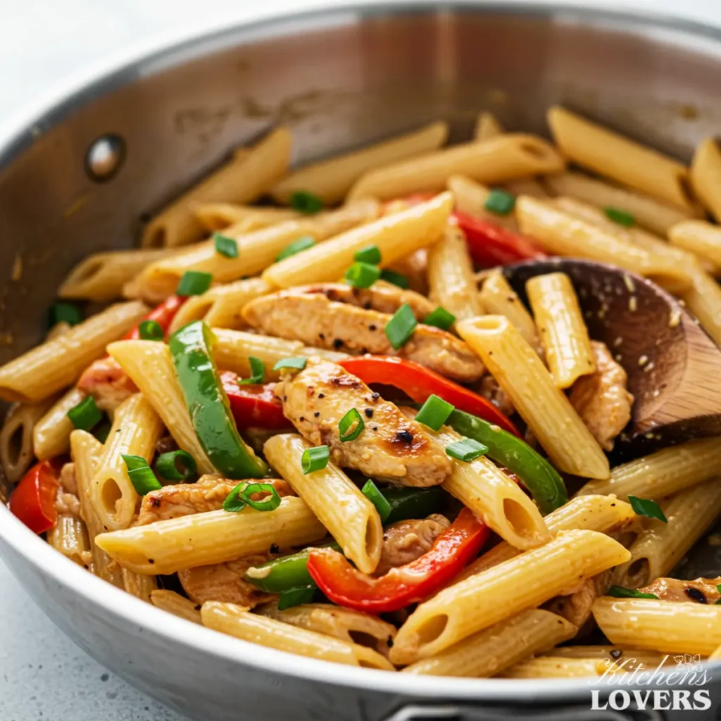 	Finished Rasta Pasta being tossed with a wooden spoon in a stainless steel skillet, showing the creamy sauce coating the chicken, pasta, and peppers.
