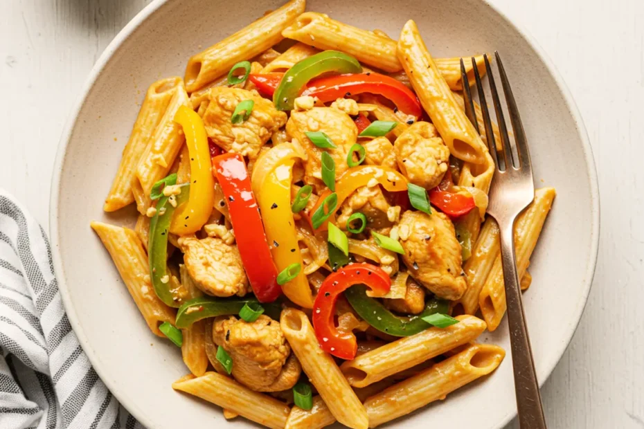 A top-down photo of creamy Rasta Pasta with jerk chicken, bell peppers, and green onions in a white bowl.