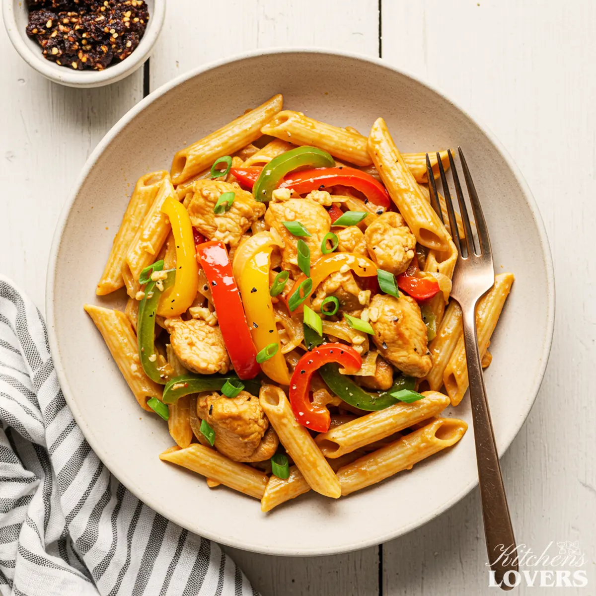 A top-down photo of creamy Rasta Pasta with jerk chicken, bell peppers, and green onions in a white bowl.