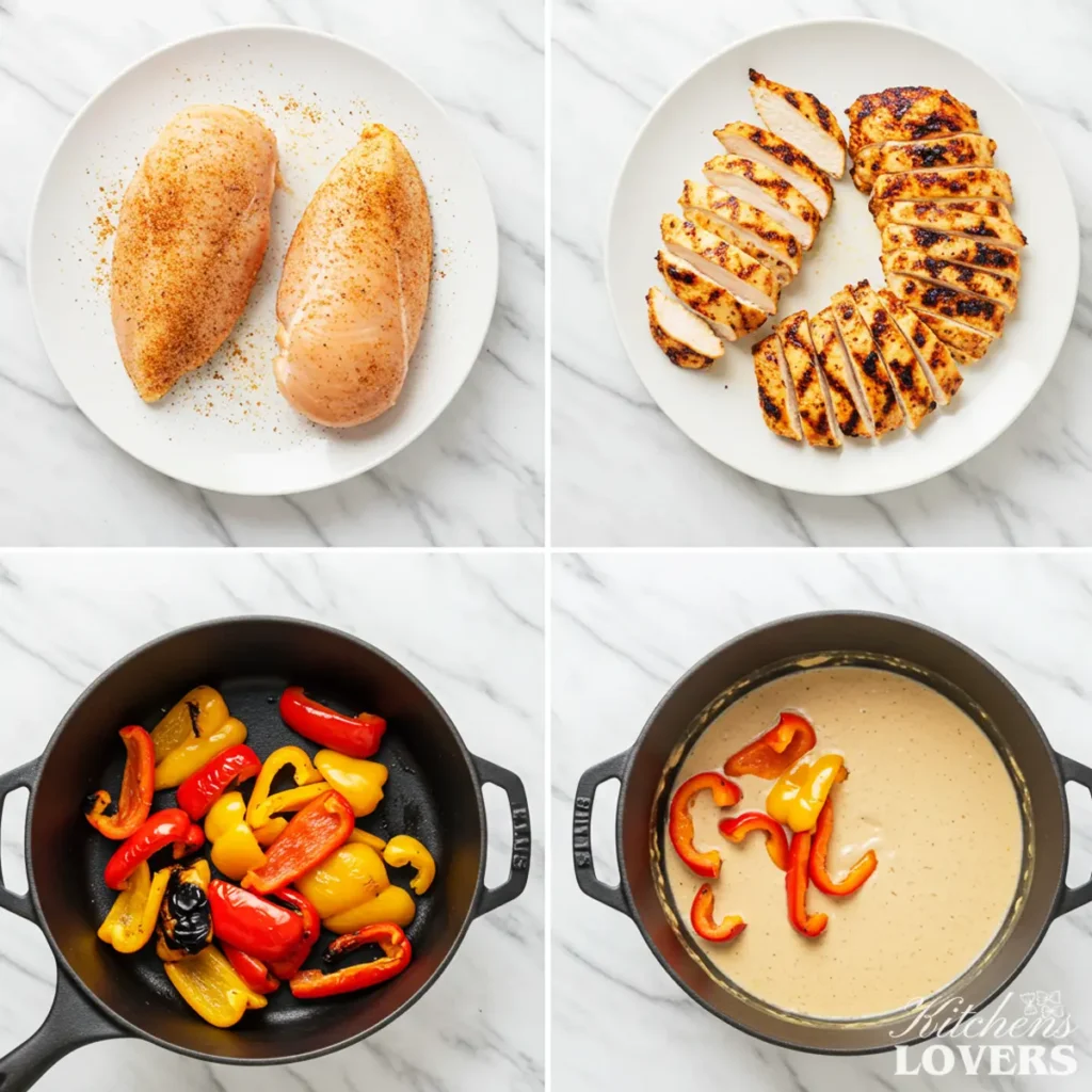 Collage showing four key steps to making Rasta Pasta: seasoning chicken, grilling and slicing it, sauteing peppers, and making the cream sauce.