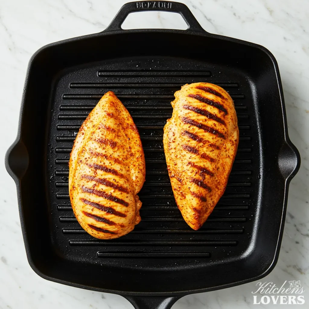 Two Cajun-seasoned chicken breasts searing in a cast-iron grill pan, developing a flavorful crust.