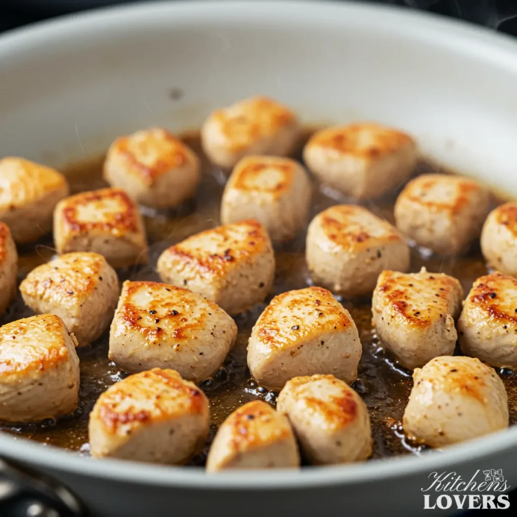 A close-up macro shot of cubed chicken breast being seared to a perfect golden-brown color in a hot stainless steel skillet.