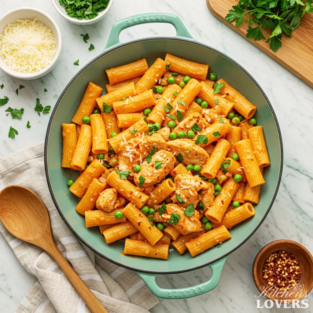 A top-down photo of spicy chicken rigatoni in a teal cast iron pan, garnished with parsley and Parmesan.