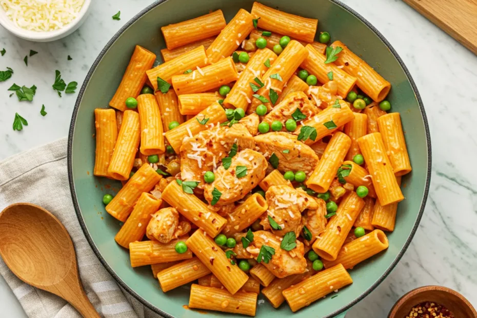 A top-down photo of spicy chicken rigatoni in a teal cast iron pan, garnished with parsley and Parmesan.