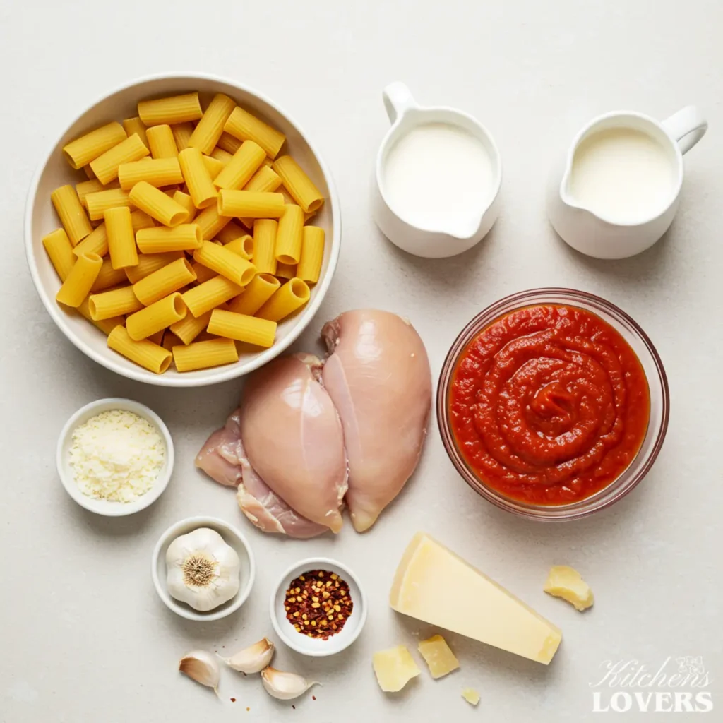 Overhead view of the ingredients for spicy chicken rigatoni, including uncooked pasta, cubed chicken, marinara sauce, cream, garlic, and spices, arranged on a light surface.
