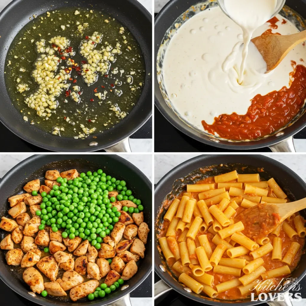 A 4-panel image showing the steps to make spicy chicken rigatoni: blooming aromatics, creating the rose sauce, adding the chicken and peas, and tossing the final pasta.
