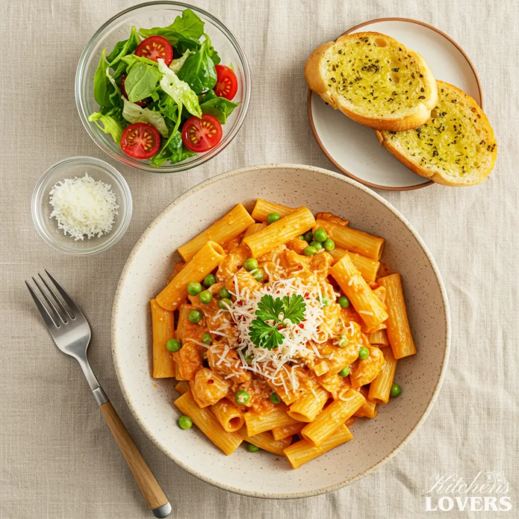 A dinner setting featuring a bowl of spicy chicken rigatoni paired with a side salad in a glass bowl and a piece of crusty garlic bread.