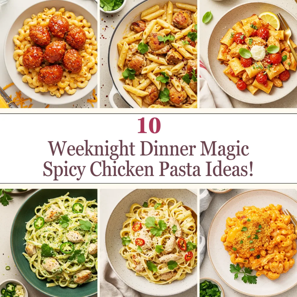 A vibrant collage featuring six different spicy chicken pasta dishes, perfect for weeknight dinners. The central text reads "10 Weeknight Dinner Magic Spicy Chicken Pasta Ideas!". The dishes include mac and cheese with spicy chicken meatballs, creamy penne, and fettuccine with jalapeños.