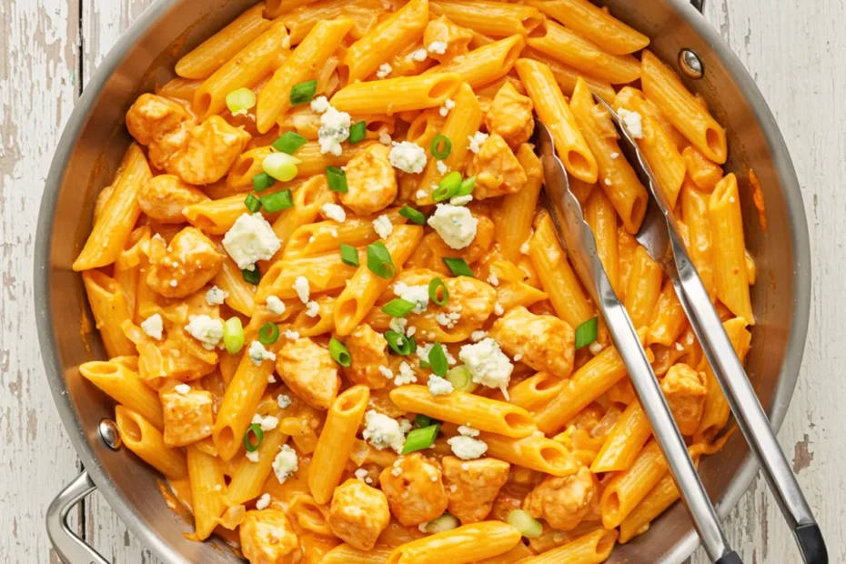 A top-down photo of creamy Buffalo chicken pasta in a skillet, garnished with blue cheese and green onions.