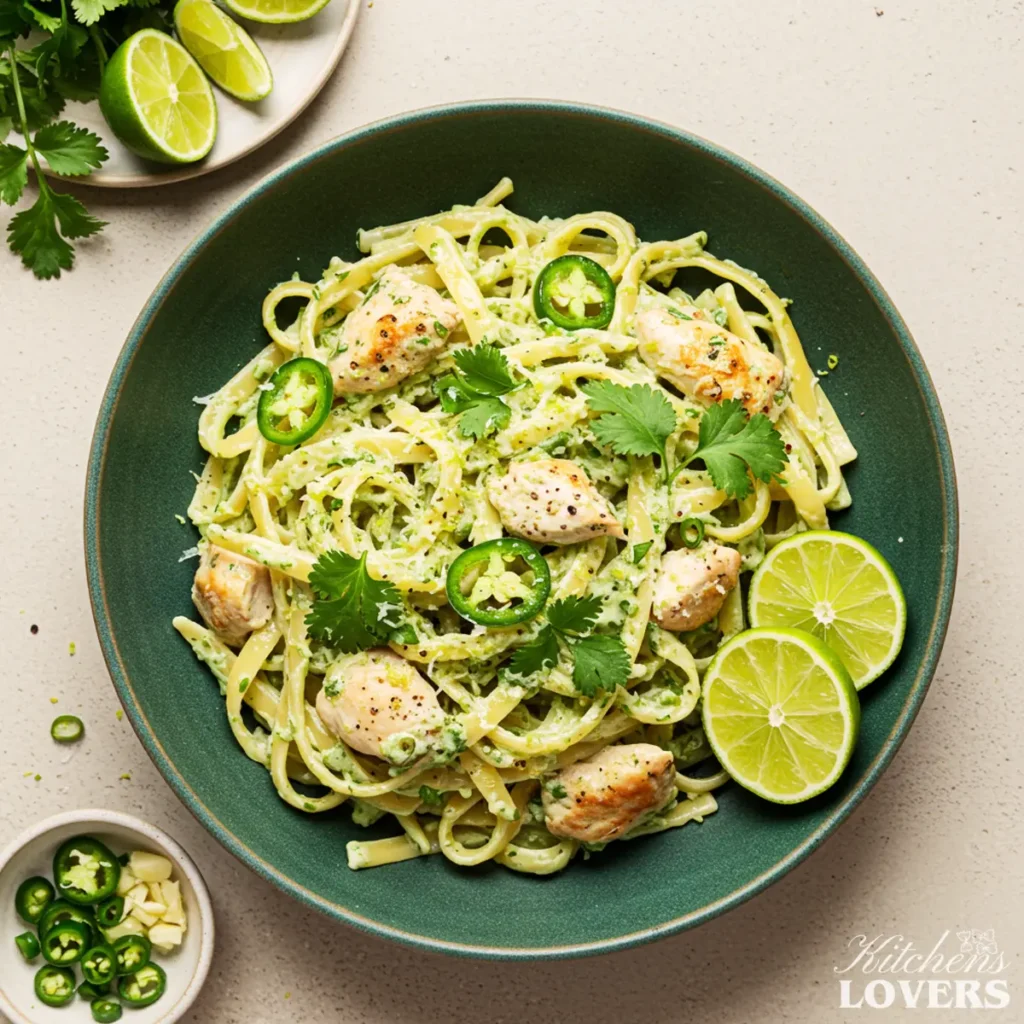 A top-down photo of creamy cilantro lime chicken pasta in a deep green bowl with fresh lime and cilantro.