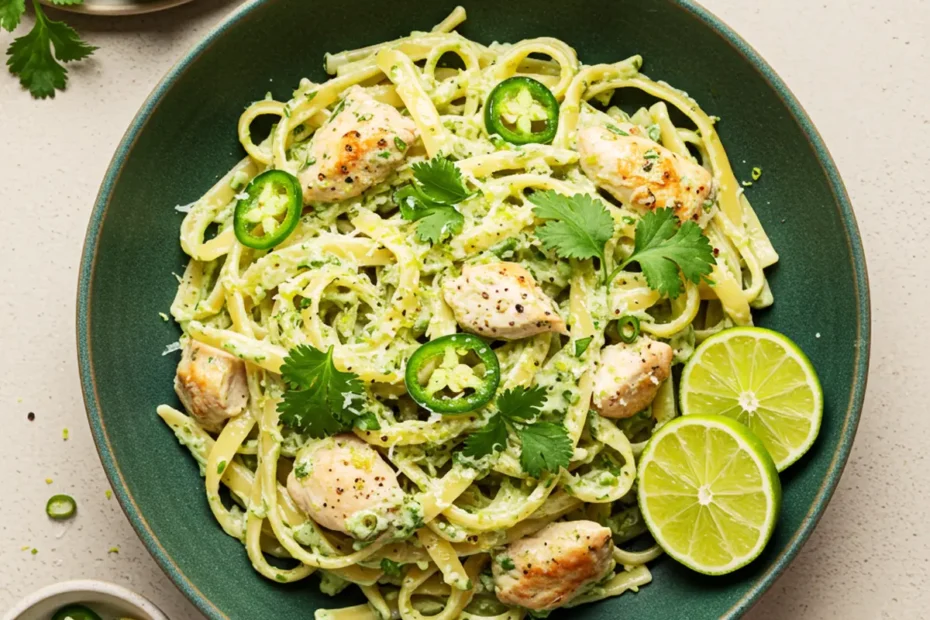 A top-down photo of creamy cilantro lime chicken pasta in a deep green bowl with fresh lime and cilantro.